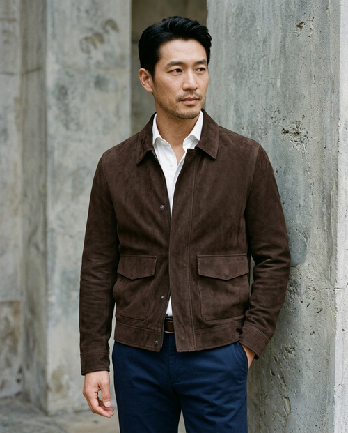 Men’s Brown Suede Utility Jacket worn by a model, Norington