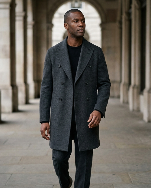 Men’s Charcoal Double-Breasted Wool-Blend Coat worn by a model, Norington