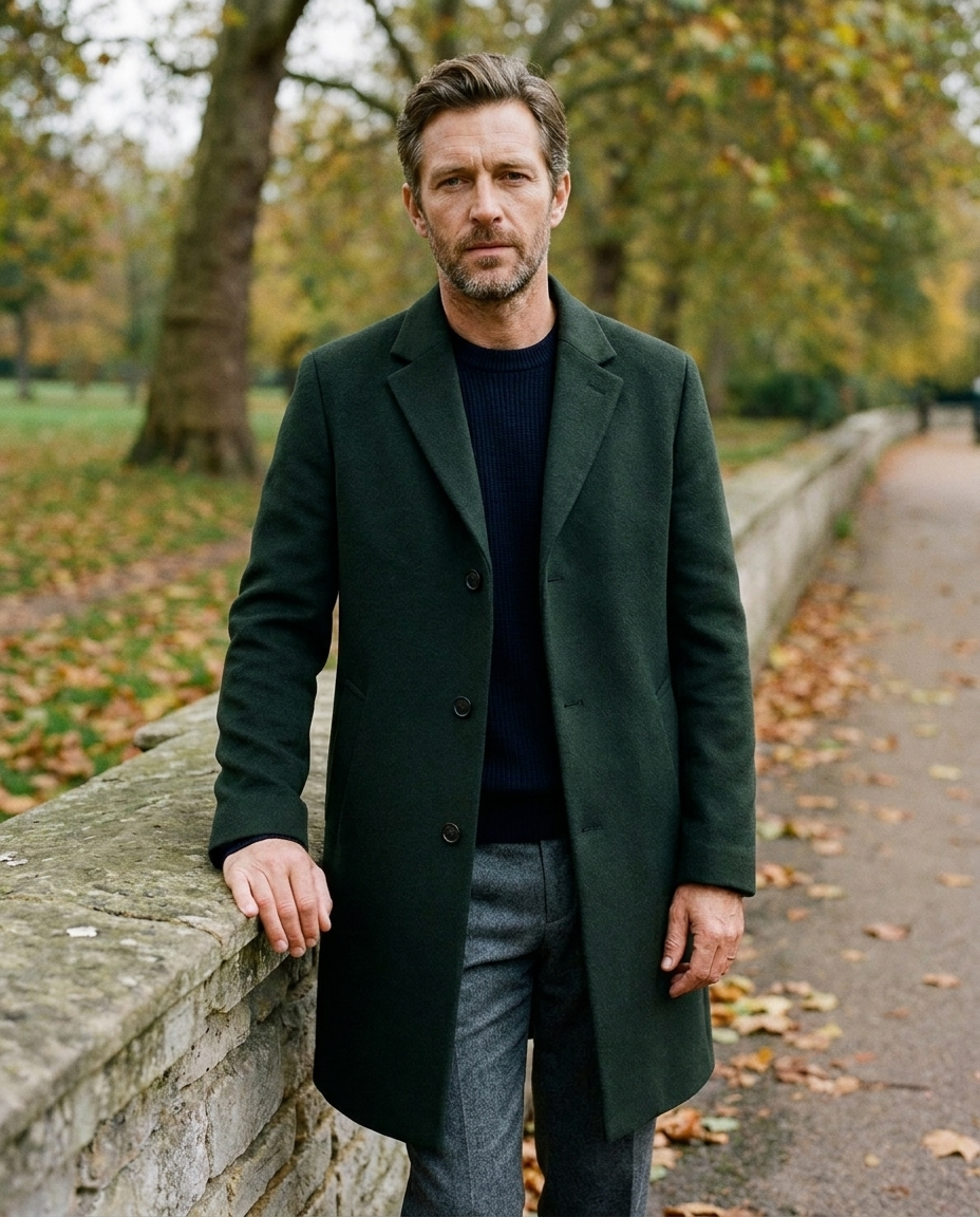 Men’s Green Wool-Blend Tailored Coat worn by a model, Norington