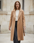 Women’s Camel Belted Wool-Blend Coat worn by a model, Norington