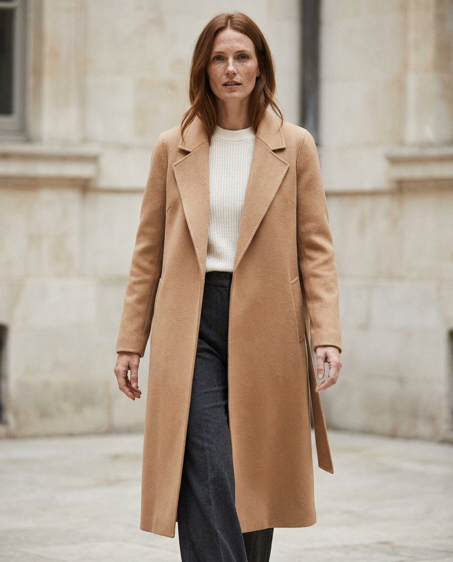 Women’s Camel Belted Wool-Blend Coat worn by a model, Norington