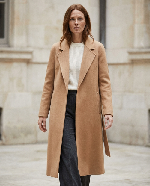 Women’s Camel Belted Wool-Blend Coat worn by a model, Norington