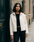 Women’s Cream Wool Funnel-Neck Jacket worn by a model, Norington