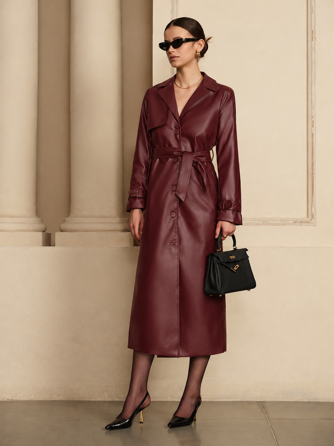 Women's Belted Faux-Leather Trench Coat, Red, view 4