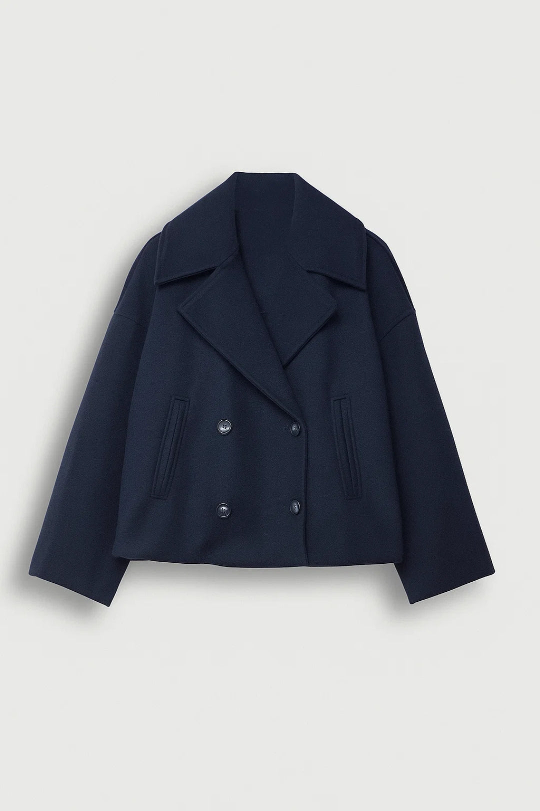 Women's Cropped Double-Breasted Pea Coat, Dark Blue, view 1