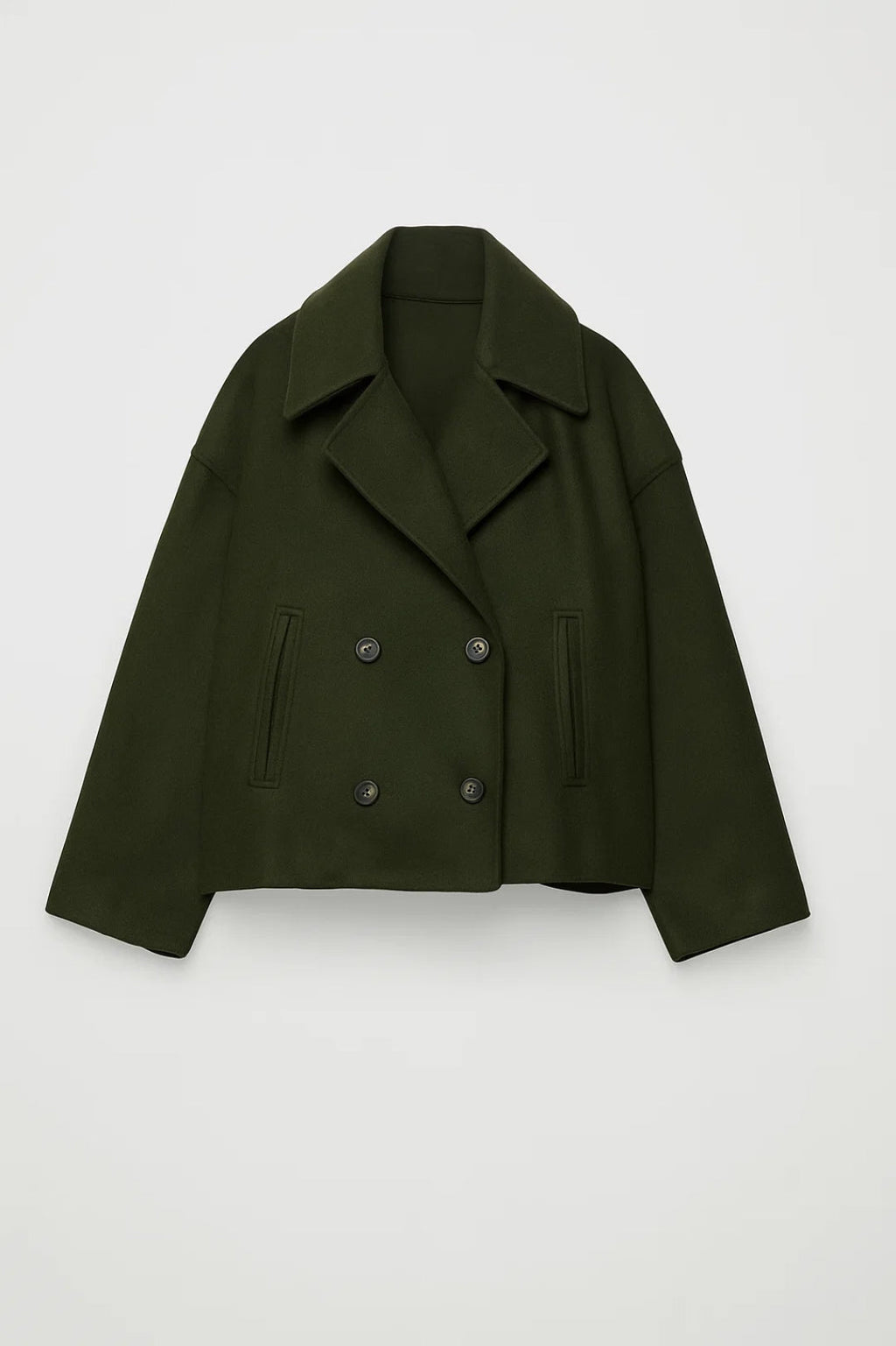 Women's Cropped Double-Breasted Pea Coat, Olive, view 3