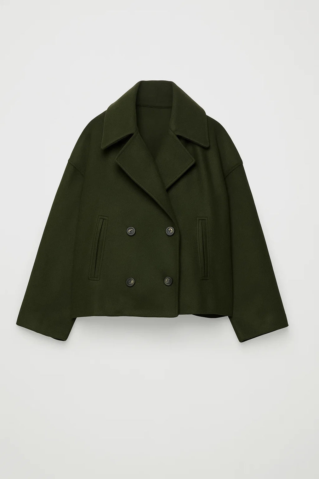 Women's Cropped Double-Breasted Pea Coat, Olive, view 3