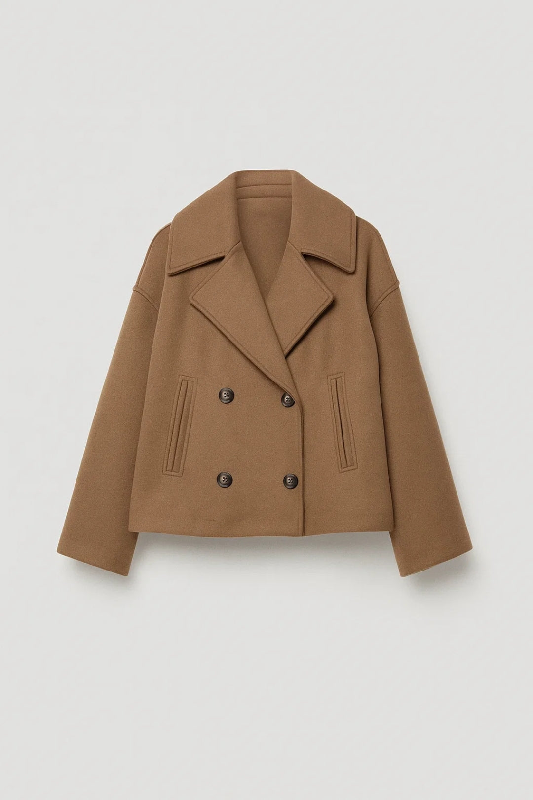 Women's Cropped Double-Breasted Pea Coat, Camel, view 4
