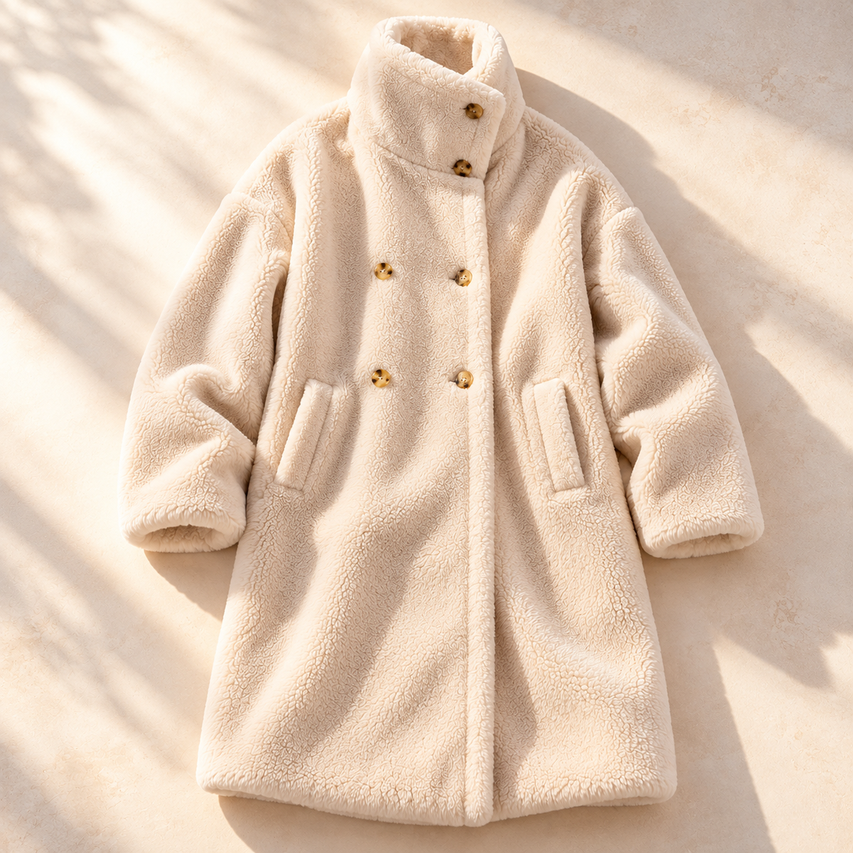Women's Double-Breasted Teddy Coat with Stand Collar, view 4