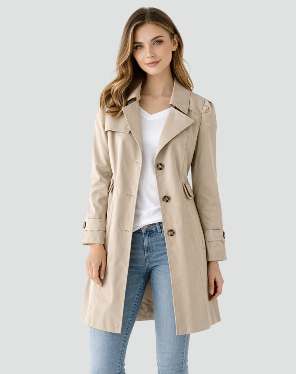 Women's Double-Breasted Trench Coat with Buttoned Cuffs, Khaki, view 1