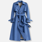 Women's Double-Breasted Trench Coat with Check Lining, Blue, view 3