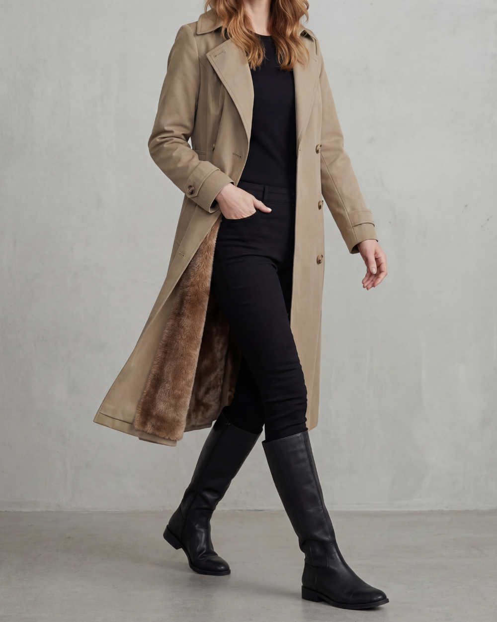 Women's Double-Breasted Trench Coat with Plush Lining, view 2