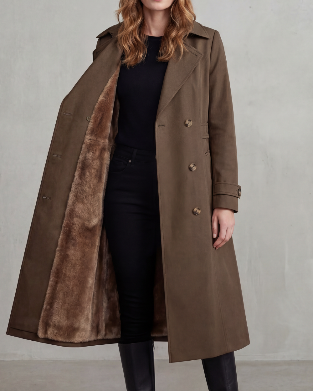 Women's Double-Breasted Trench Coat with Plush Lining, Brown, view 4