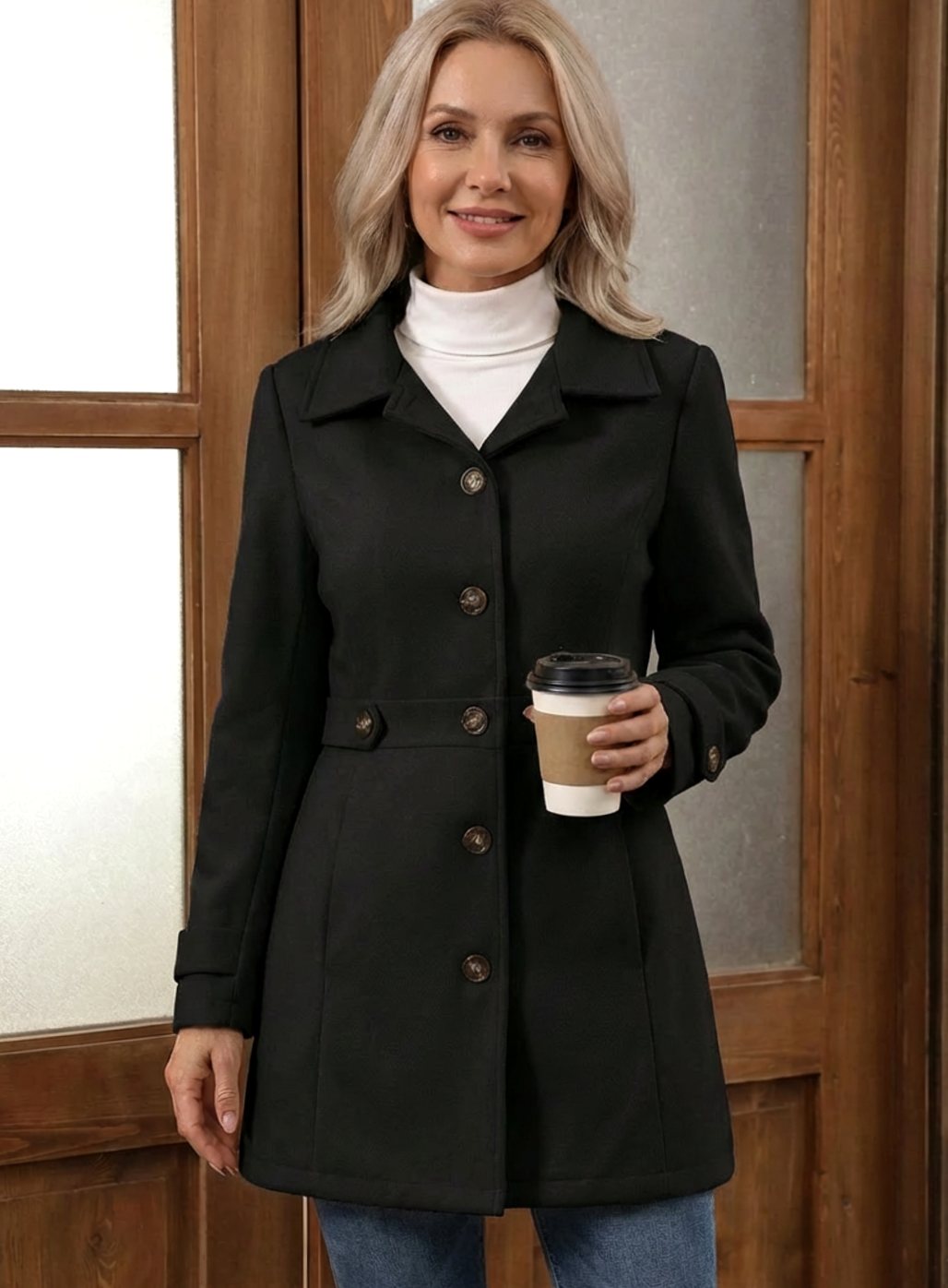 Women's Fitted A-Line Coat with Belted Waist Detail, Black, view 5