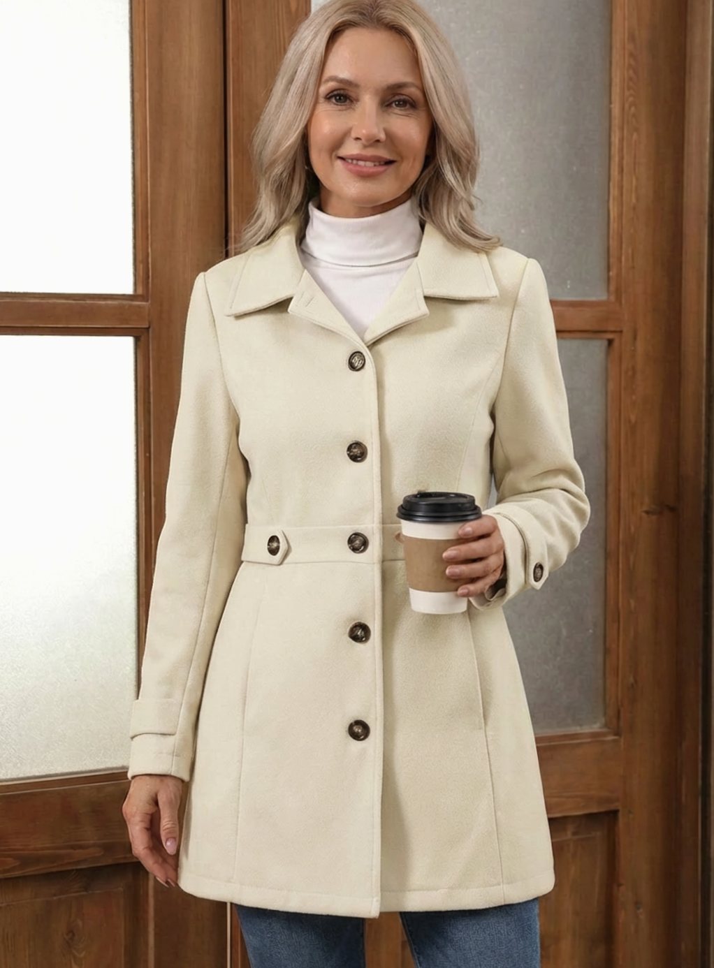Women's Fitted A-Line Coat with Belted Waist Detail, Light Yellow, view 7