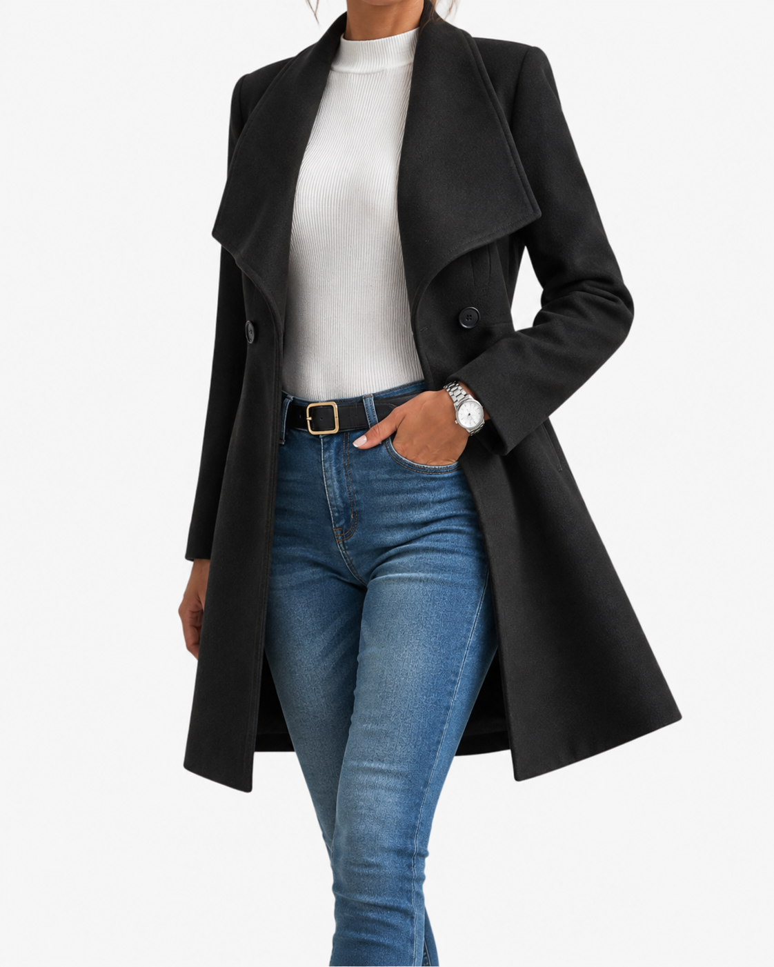 Women's Fitted Coat with Draped Collar and Flared Skirt, Black, view 8