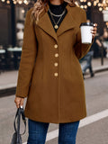 Women's Fitted Coat with Embossed Gold-Tone Buttons, Brown, view 1