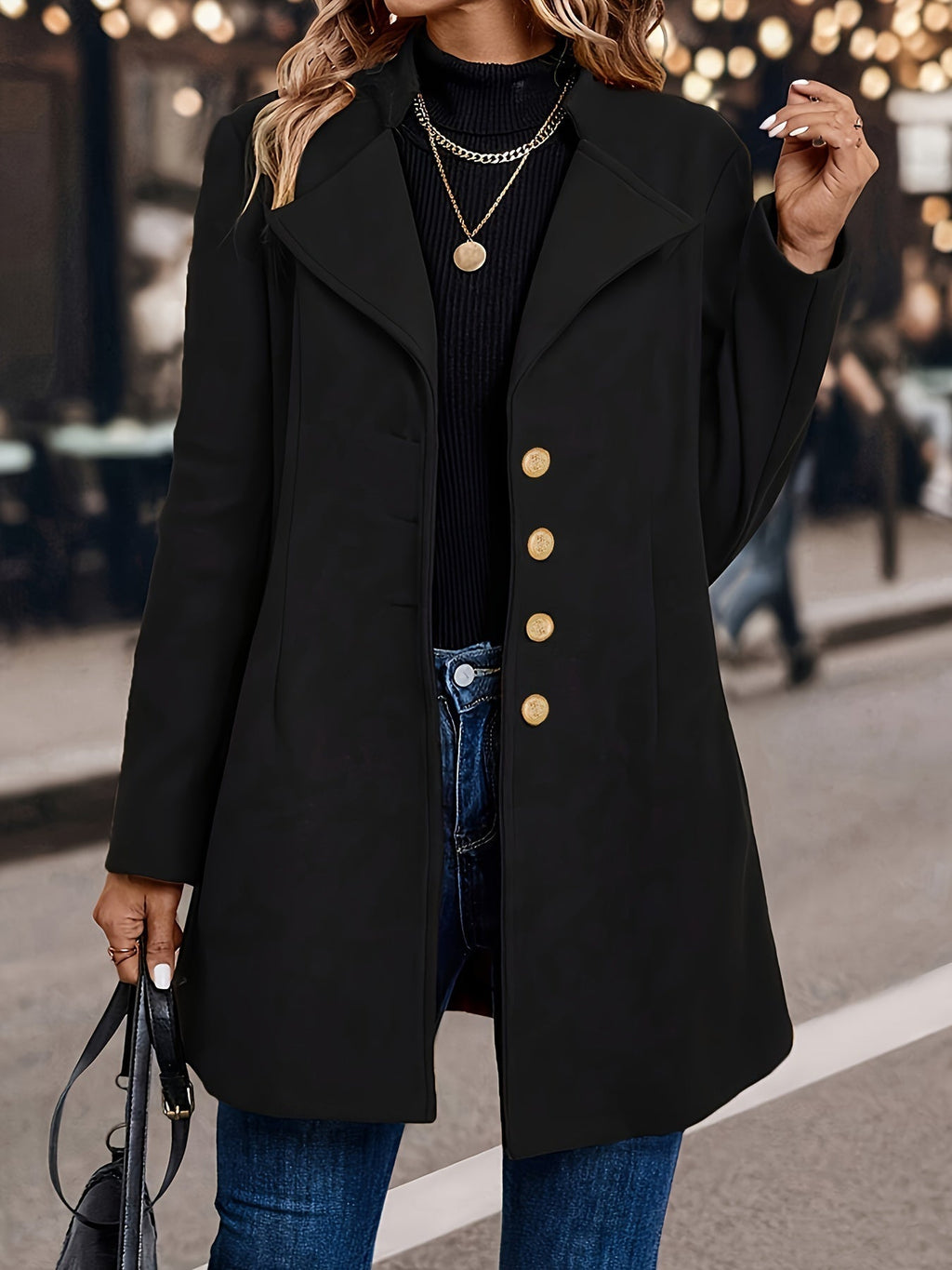 Women's Fitted Coat with Embossed Gold-Tone Buttons, Black, view 2