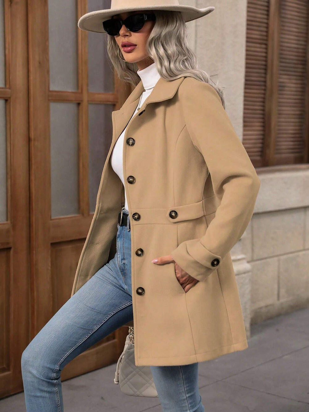 Women's Fitted Coat with Gold-Tone Buttons and Waist Detail, view 2