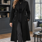 Women's Fitted Double-Breasted Maxi Coat with Wide Lapels, Black, view 1
