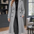 Women's Fitted Double-Breasted Maxi Coat with Wide Lapels, Light Grey, view 3