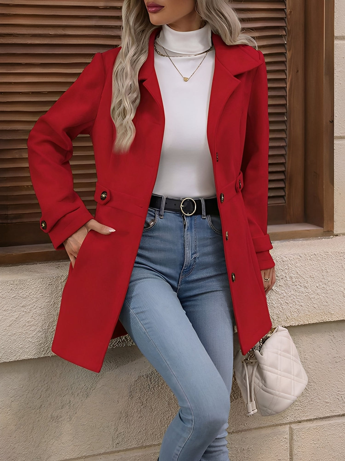 Women's Fitted Double-Breasted Trench Coat with Gold-Tone Buttons, view 10