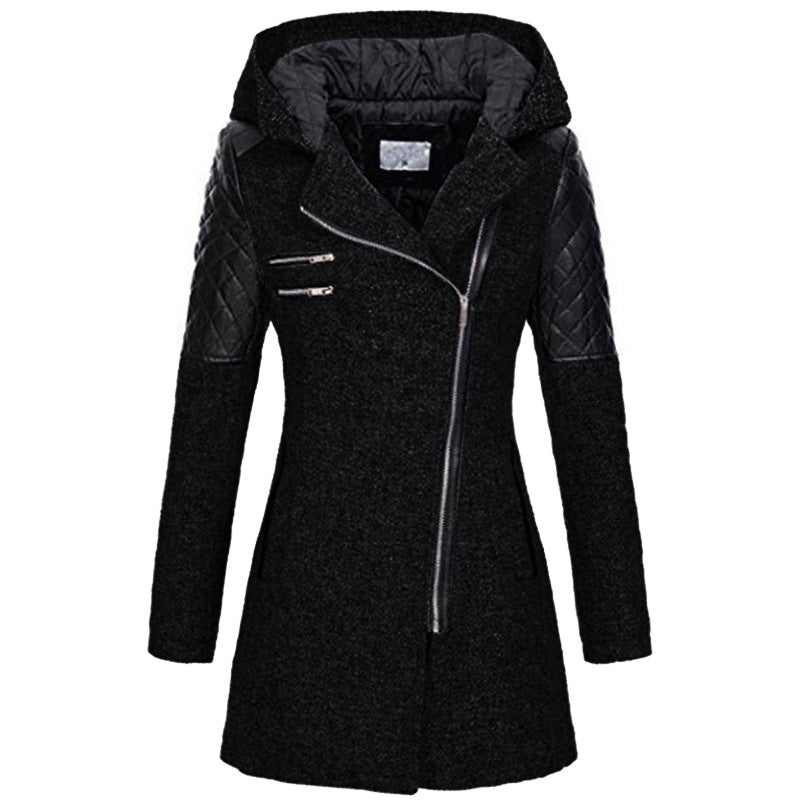 Women's Fitted Hooded Coat with Quilted Shoulder Panels, Black, view 1