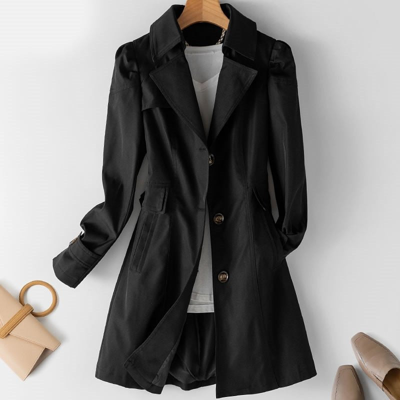 Women's Fitted Trench Coat with Gathered Shoulders, Black, view 4