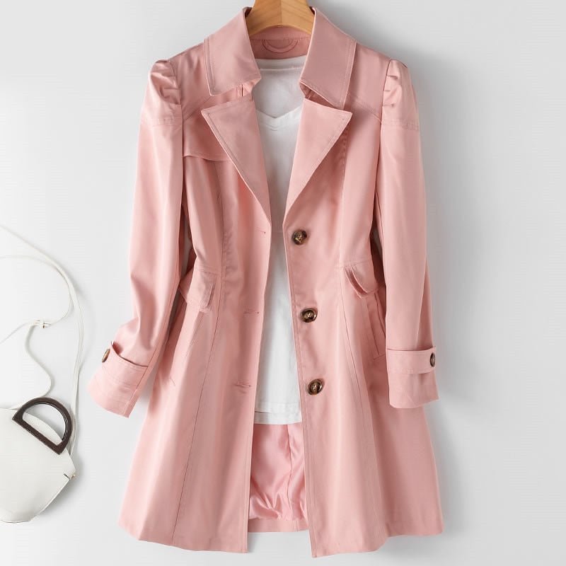Women's Fitted Trench Coat with Gathered Shoulders, Pink, view 5