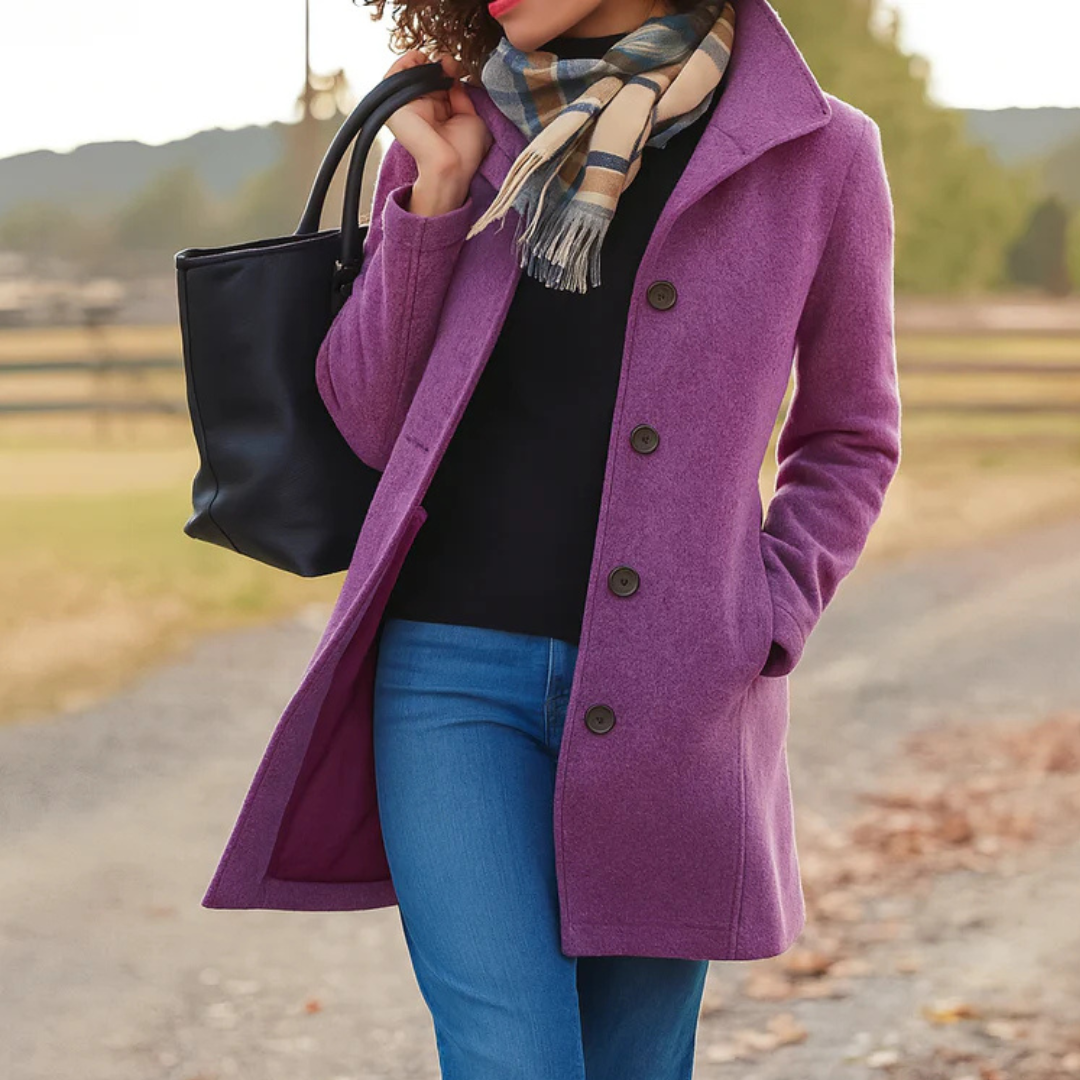Women's High-Collar Coat with Shaped Waist, Purple, view 2
