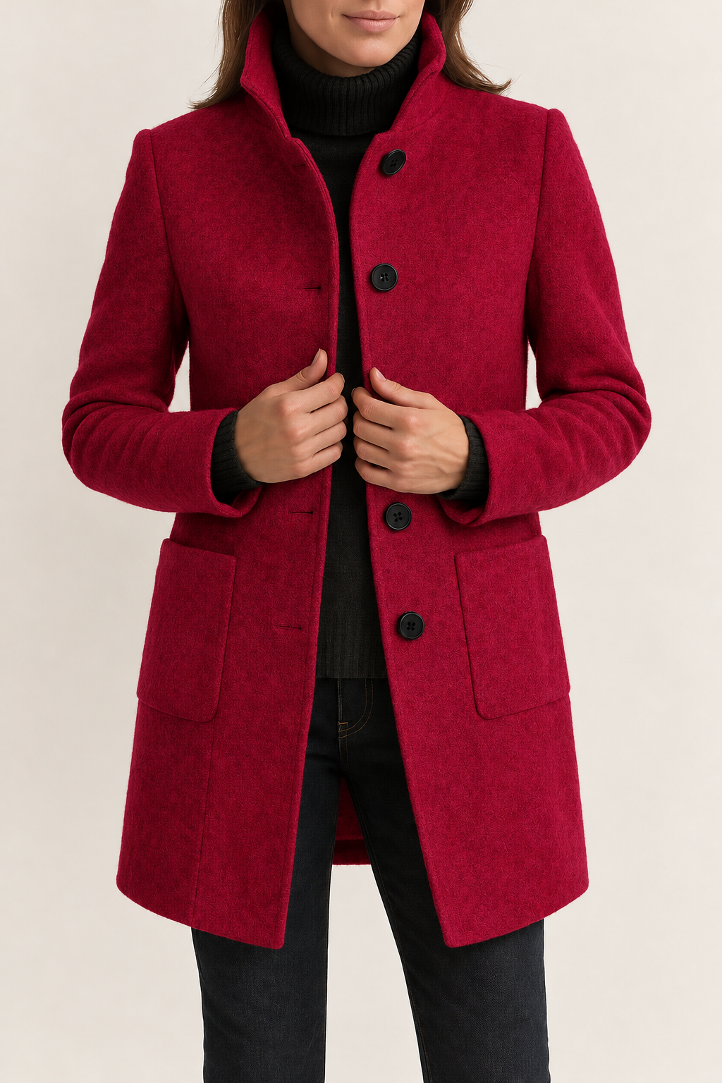 Women's High-Neck Coat with Patch Pockets, Red, view 7
