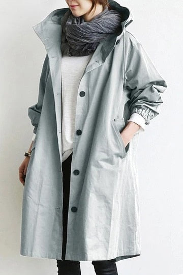 Women's Hooded Longline Trench Coat, Light Grey, view 1