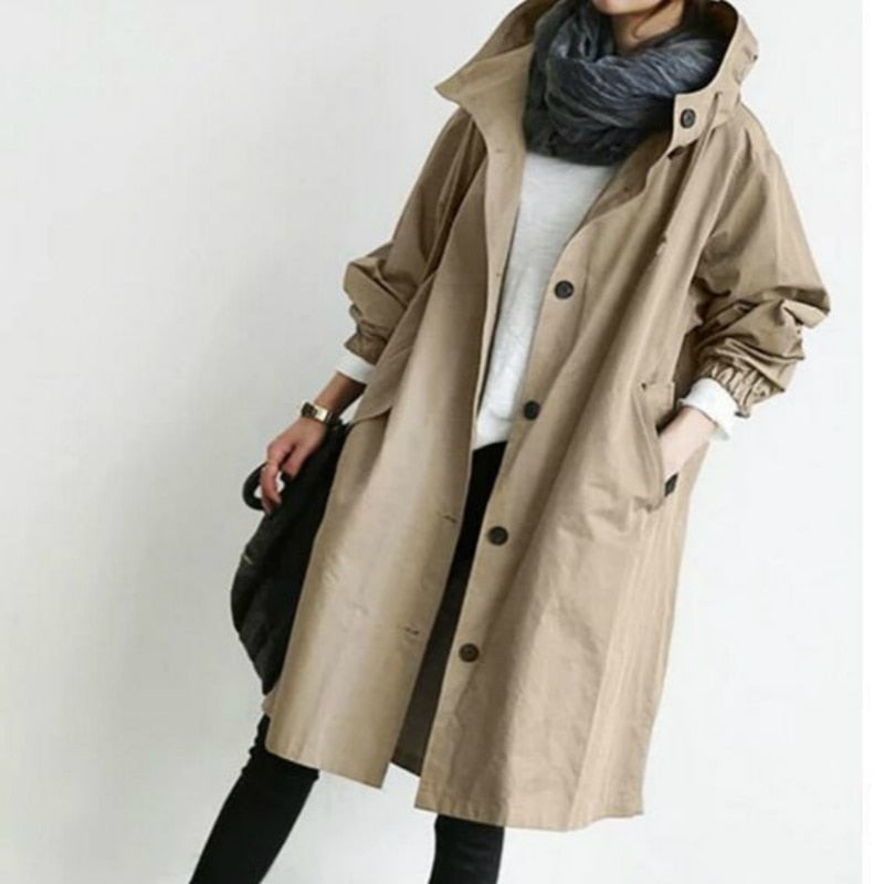 Women's Hooded Longline Trench Coat, Khaki, view 5