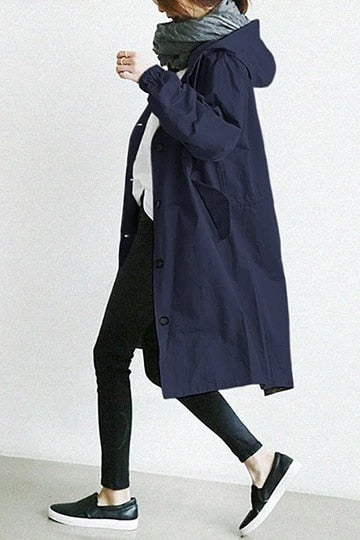 Women's Hooded Longline Trench Coat, Navy Blue, view 6