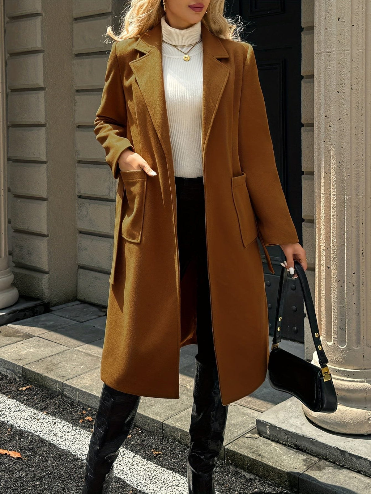 Women's Long Belted Coat with Patch Pockets, view 6
