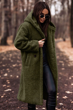 Women's Long Hooded Teddy Coat with Patch Pockets, Green, view 2