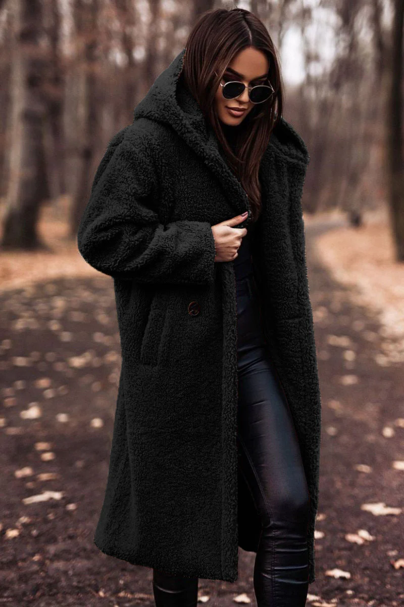 Women's Long Hooded Teddy Coat with Patch Pockets, Black, view 3
