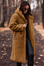 Women's Long Hooded Teddy Coat with Patch Pockets, Light Brown, view 5