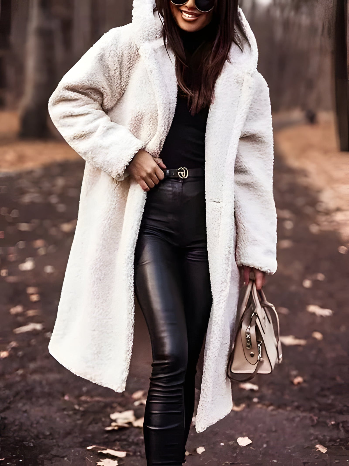 Women's Long Hooded Teddy Coat with Patch Pockets, White, view 7