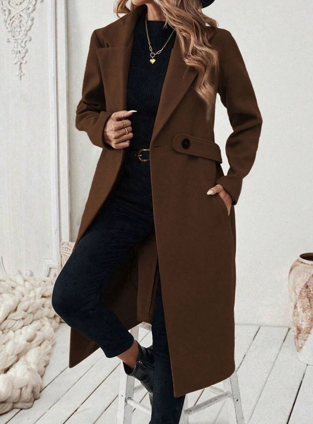 Women's Longline Coat with Buttoned Belt Detail, view 6