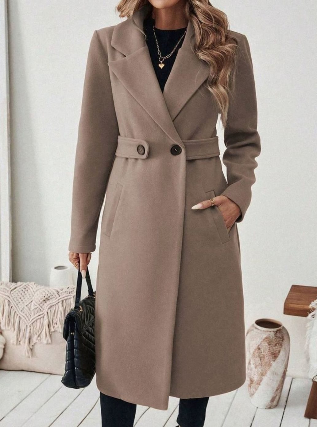 Women's Longline Coat with Buttoned Belt Detail, Coffee Brown, view 9