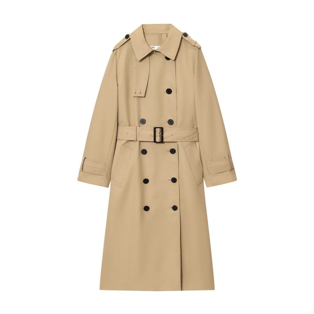 Women's Longline Double-Breasted Trench Coat with Buckle Belt, Beige, view 5