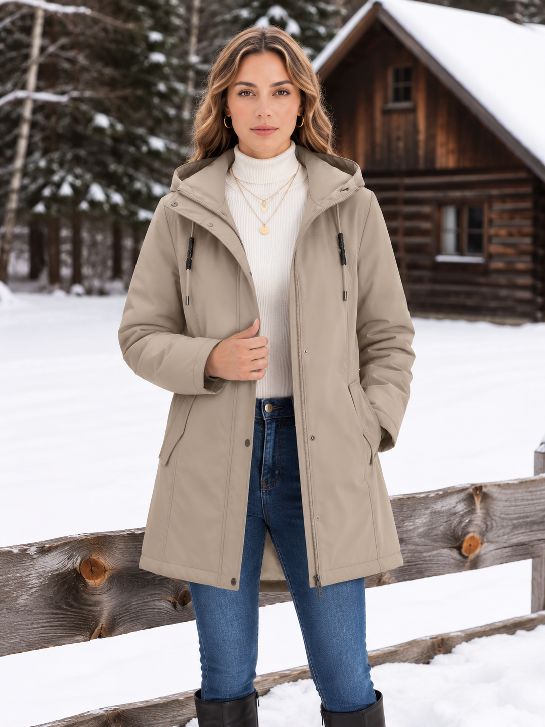 Women's Sherpa-Lined Hooded Parka with Drawstring Waist, Khaki, view 7