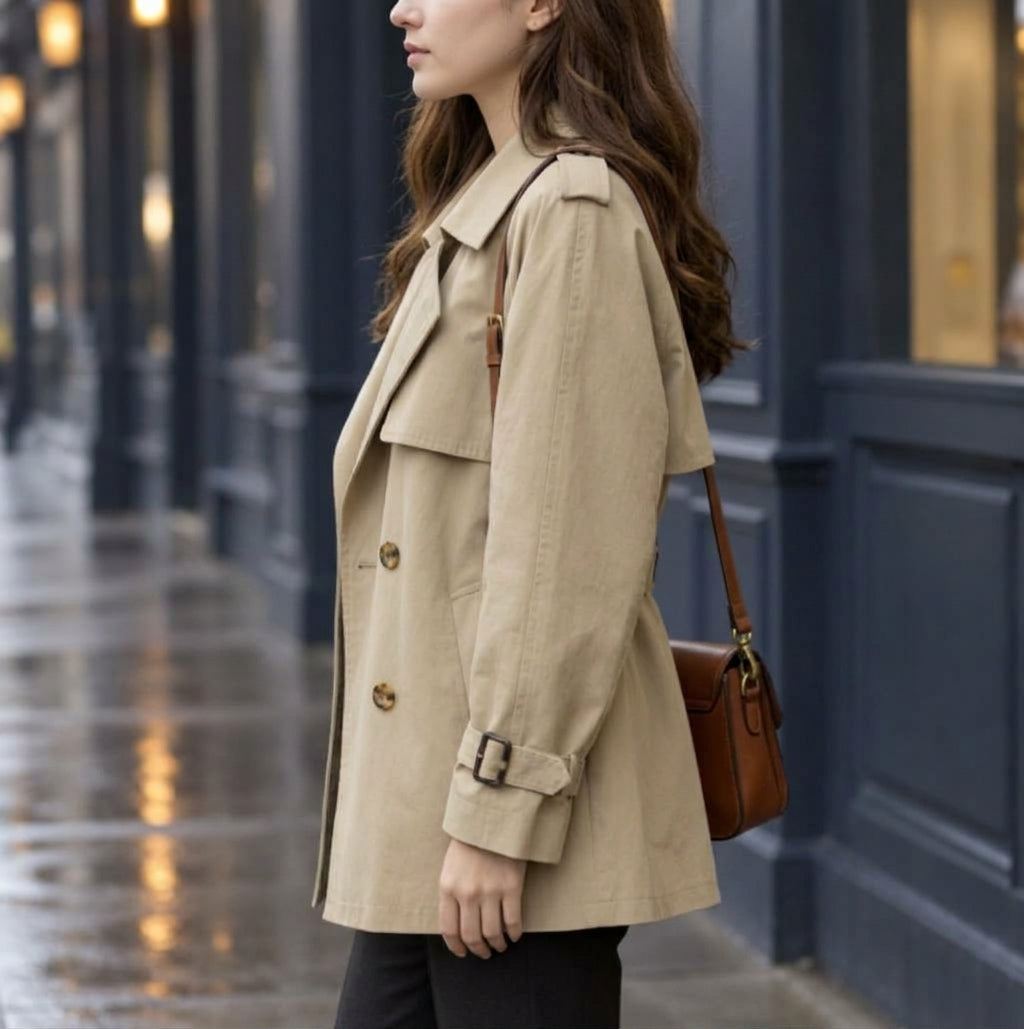 Women's Short Double-Breasted Trench Coat with Buckled Cuffs, view 2