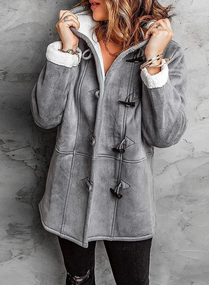 Women's Short Hooded Duffle Coat with Sherpa Lining, Grey, view 5