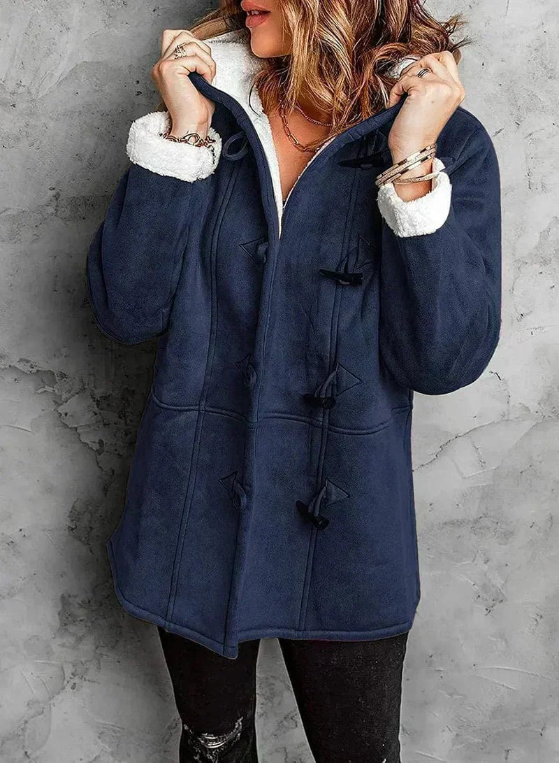 Women's Short Hooded Duffle Coat with Sherpa Lining, Dark Blue, view 8