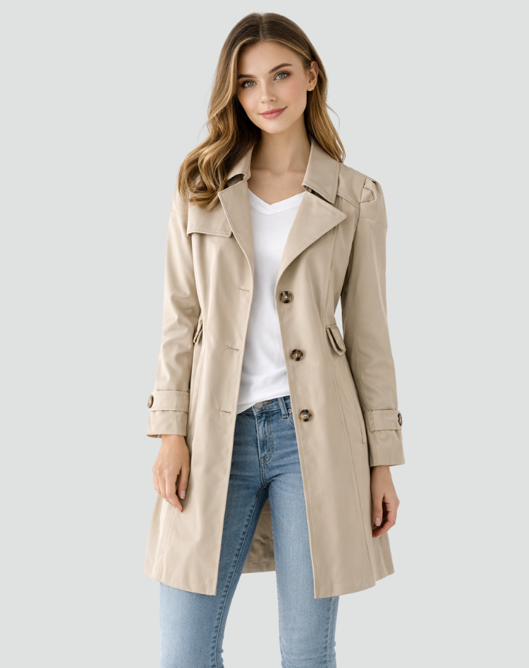 Women's Single-Breasted Trench Coat with Gold-Tone Buttons, Khaki, view 1