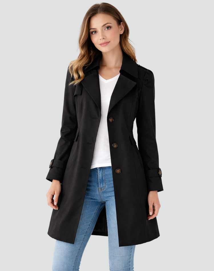 Women's Single-Breasted Trench Coat with Gold-Tone Buttons, Black, view 4