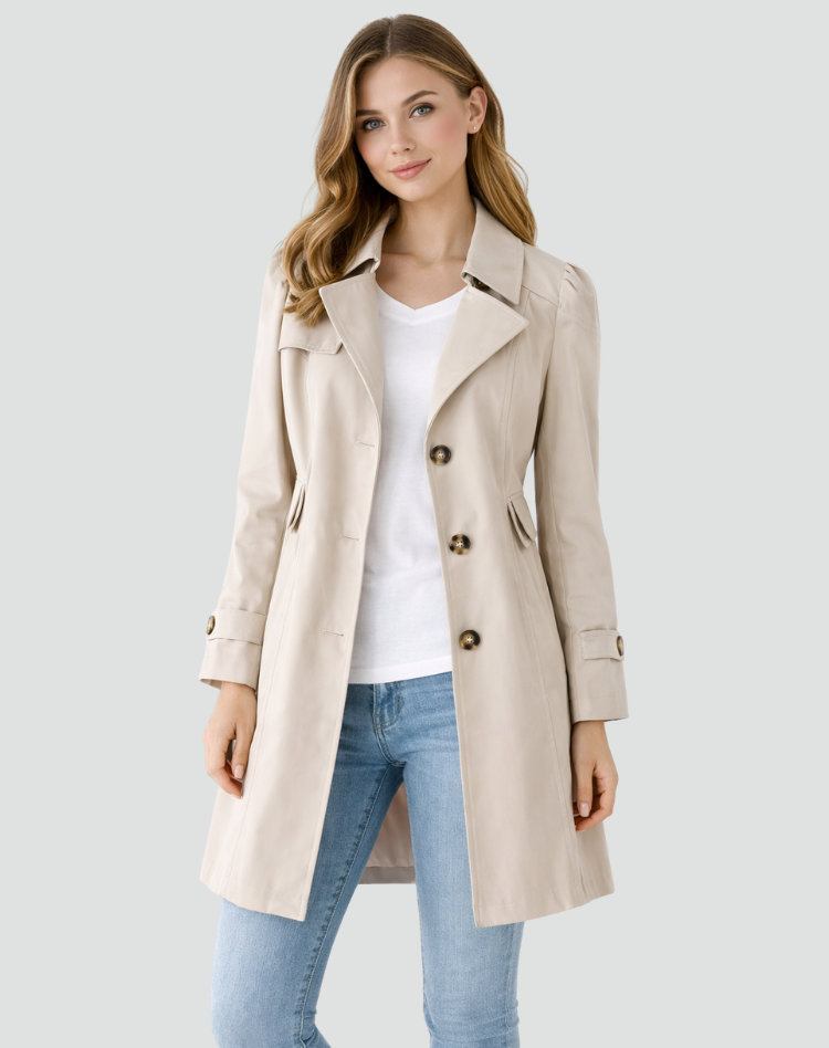 Women's Single-Breasted Trench Coat with Gold-Tone Buttons, Beige, view 5