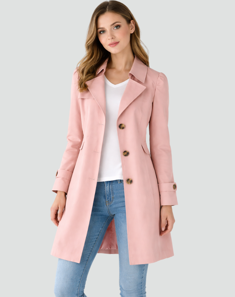 Women's Single-Breasted Trench Coat with Gold-Tone Buttons, Pink, view 6